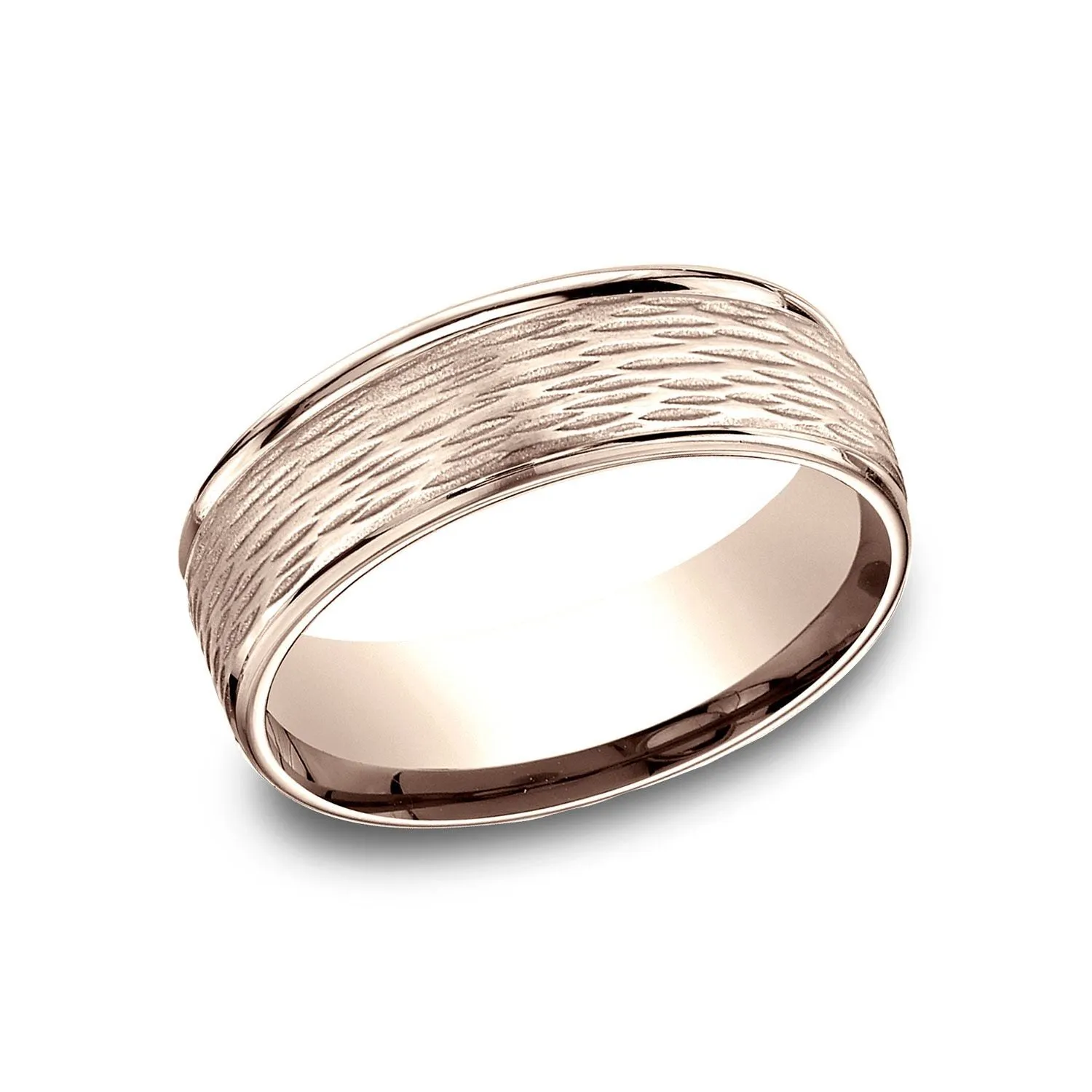 14 Karat Rose Gold 7.5mm Comfort-fit Round Edge Birch Bark Center
