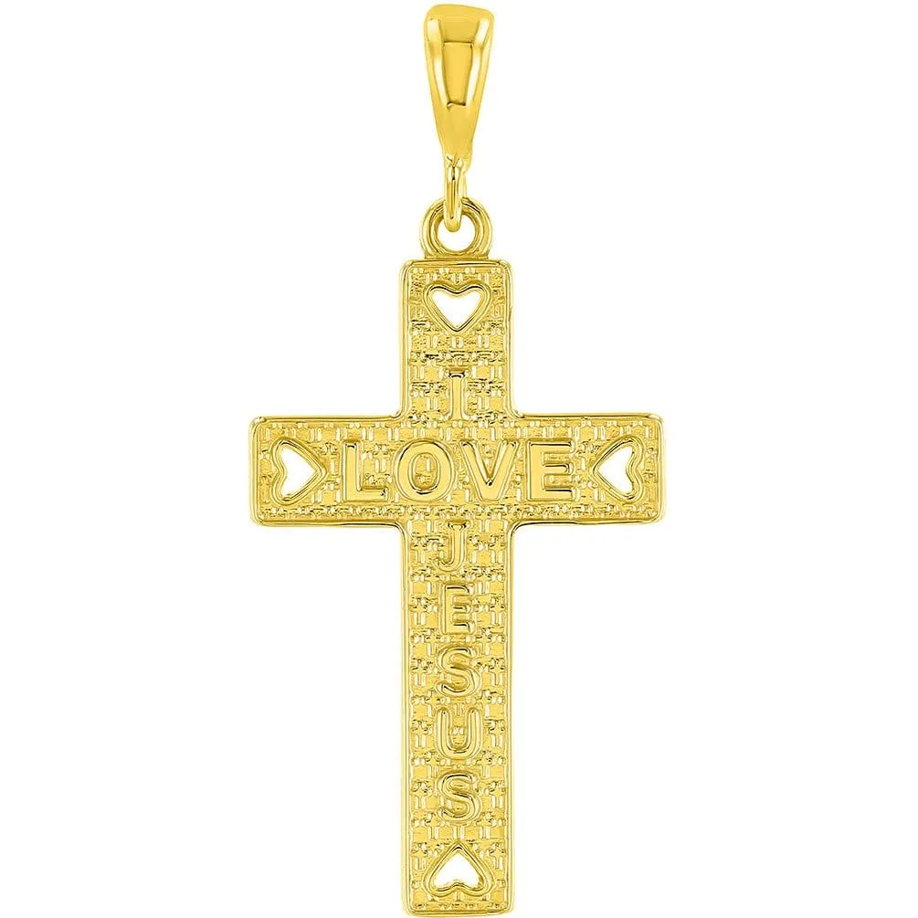 14K Gold I Love Jesus Cross Charm Pendant Necklace - Yellow Gold