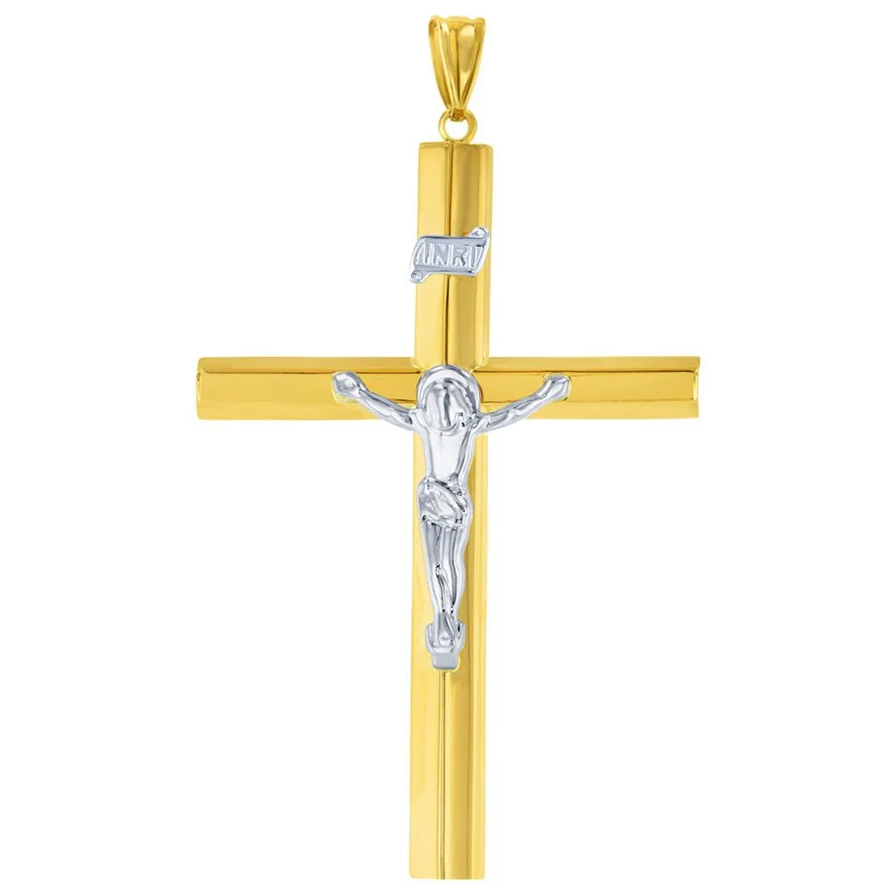 14K Gold Large Tube Crucifix Six Sided Cross Pendant Necklace - Yellow & White Gold