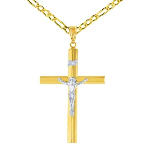 14K Gold Large Tube Crucifix Six Sided Cross Pendant Necklace - Yellow & White Gold
