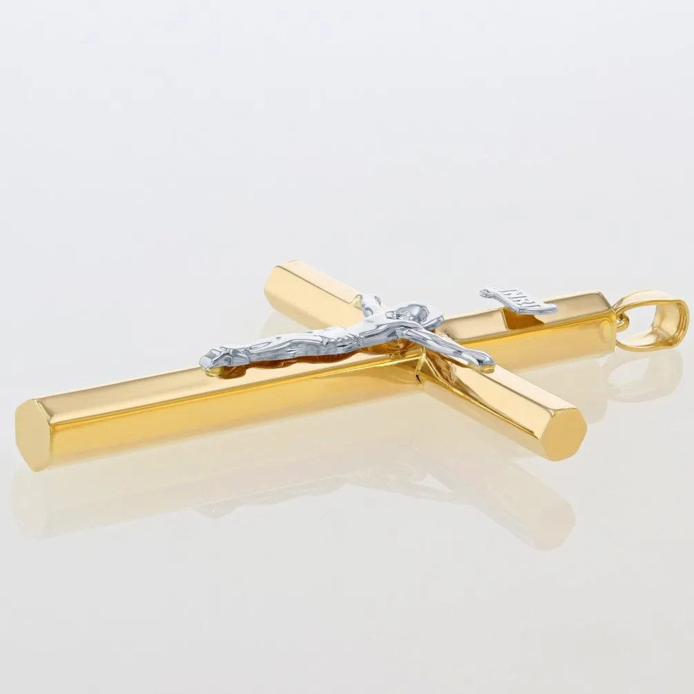 14K Gold Large Tube Crucifix Six Sided Cross Pendant Necklace - Yellow & White Gold