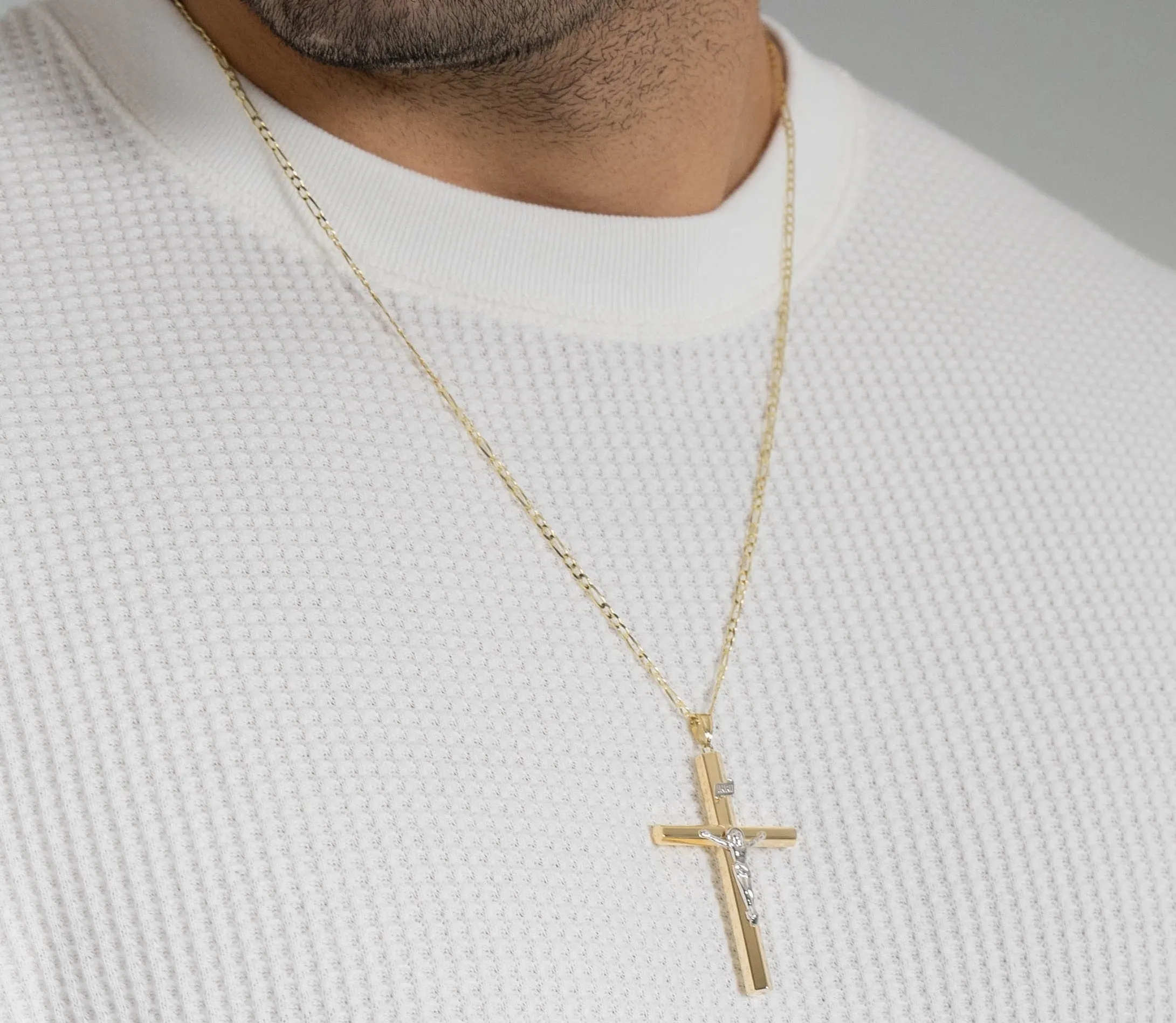 14K Gold Large Tube Crucifix Six Sided Cross Pendant Necklace - Yellow & White Gold