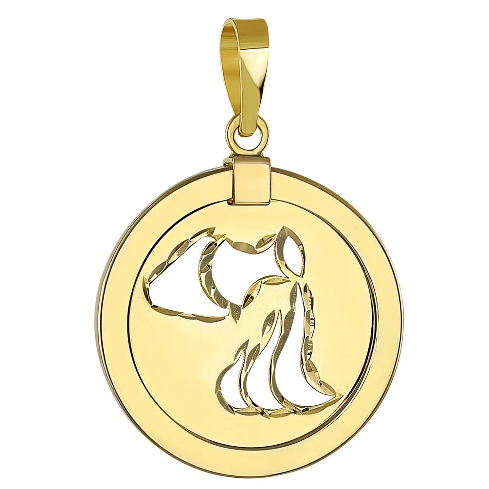 14K Gold Reversible Round Aquarius Zodiac Sign Pendant with Figaro Chain Necklace - Yellow Gold
