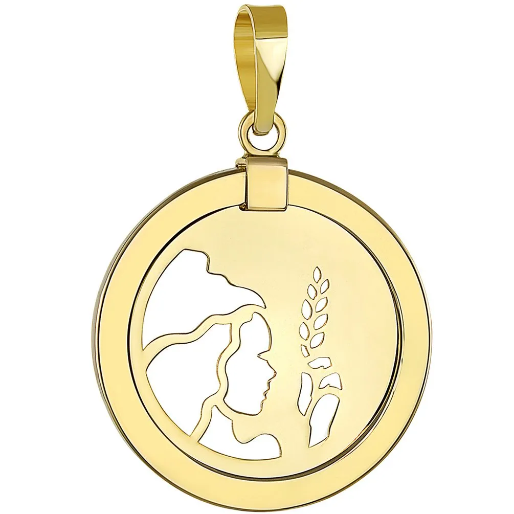 14K Gold Reversible Round Virgo Zodiac Sign Pendant with Cuban Chain Necklace - Yellow Gold