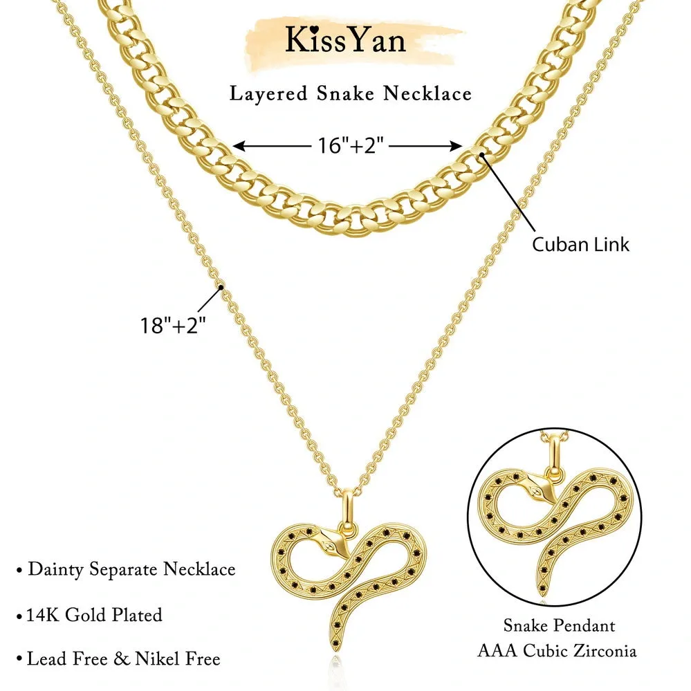 14K Layered Serpent Pendant Choker Gold Snake Necklace- Cuban Cable Snake