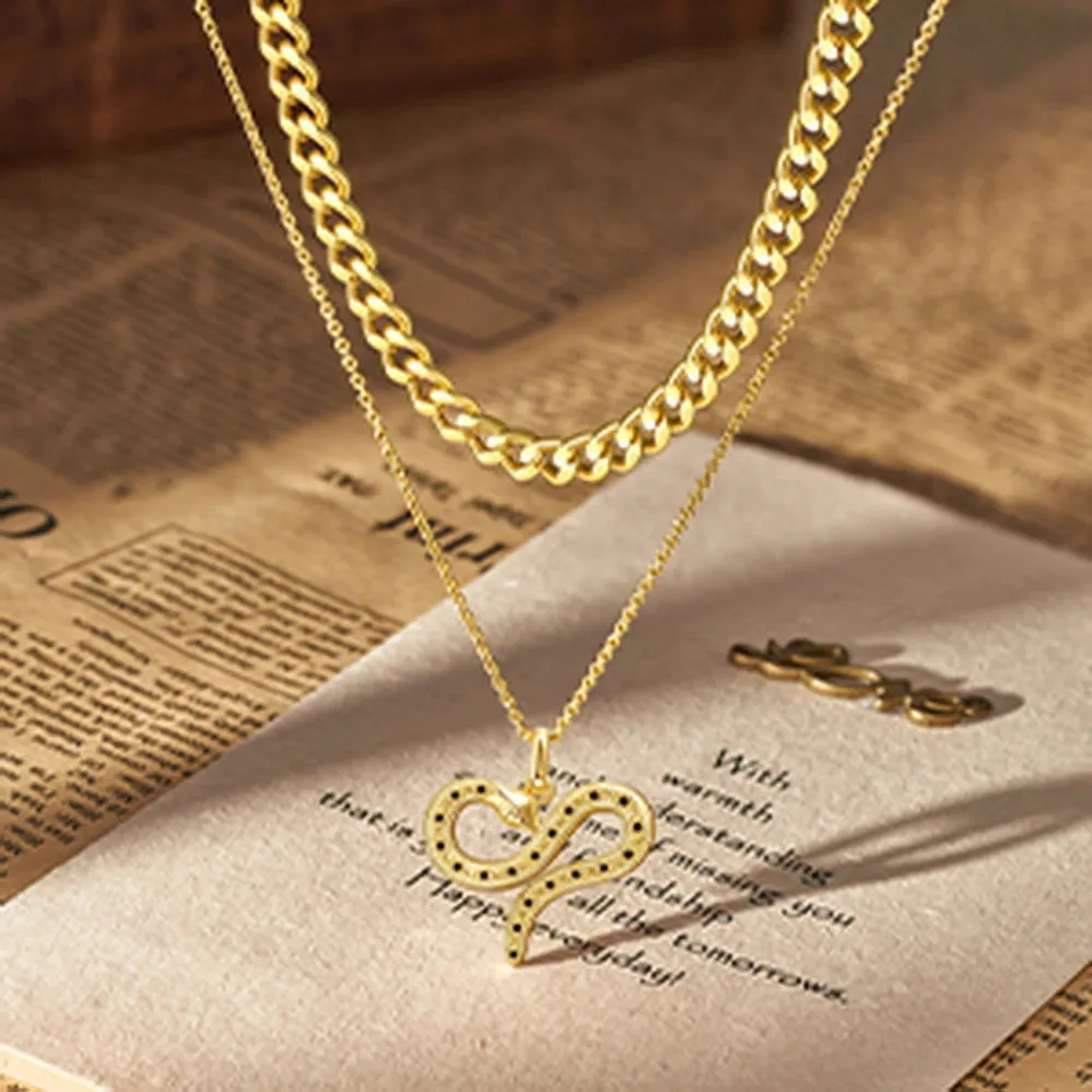 14K Layered Serpent Pendant Choker Gold Snake Necklace- Cuban Cable Snake