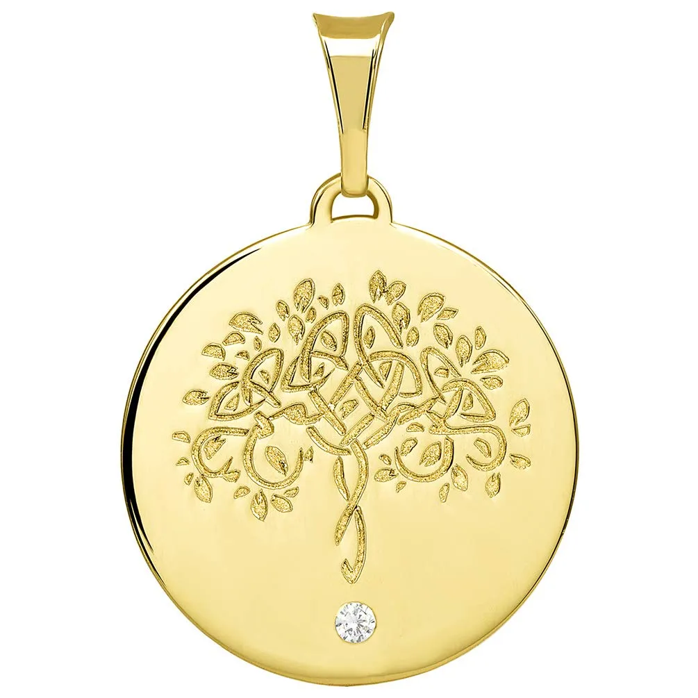 14k Solid Gold Hand Engraved Tree of Life CZ Round Medallion Pendant) - Yellow Gold