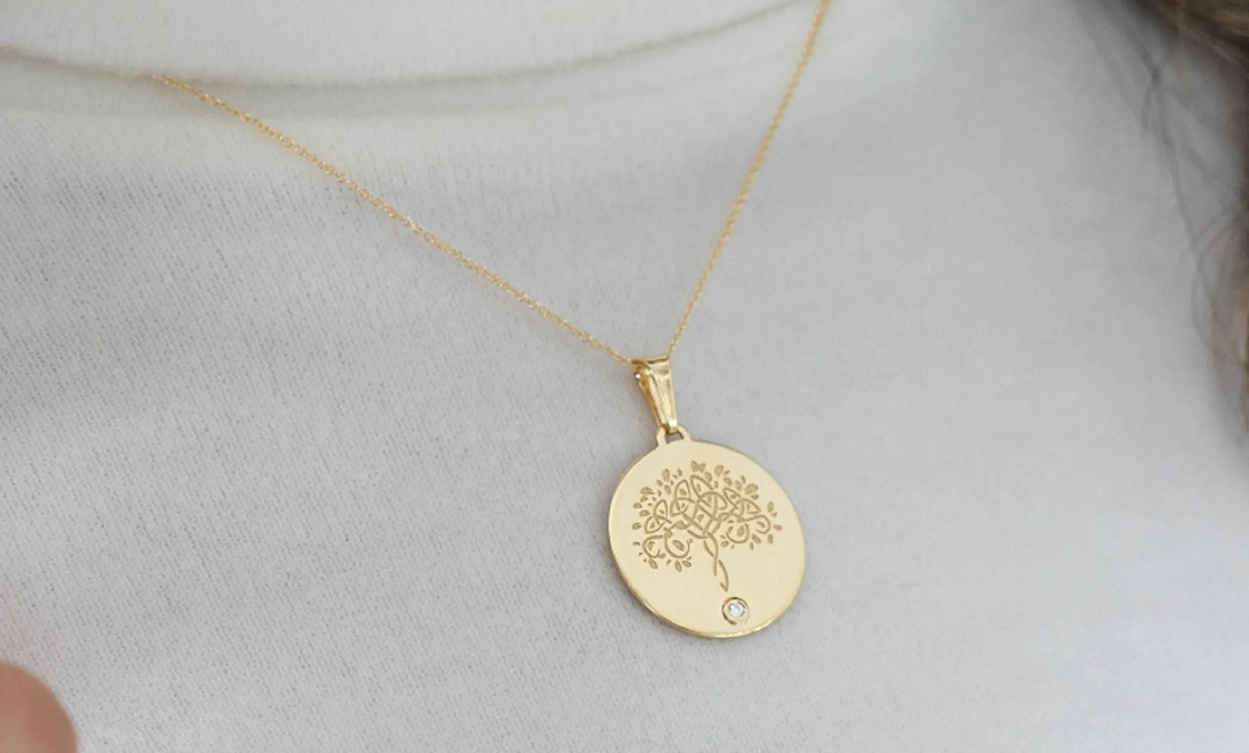 14k Solid Gold Hand Engraved Tree of Life CZ Round Medallion Pendant) - Yellow Gold