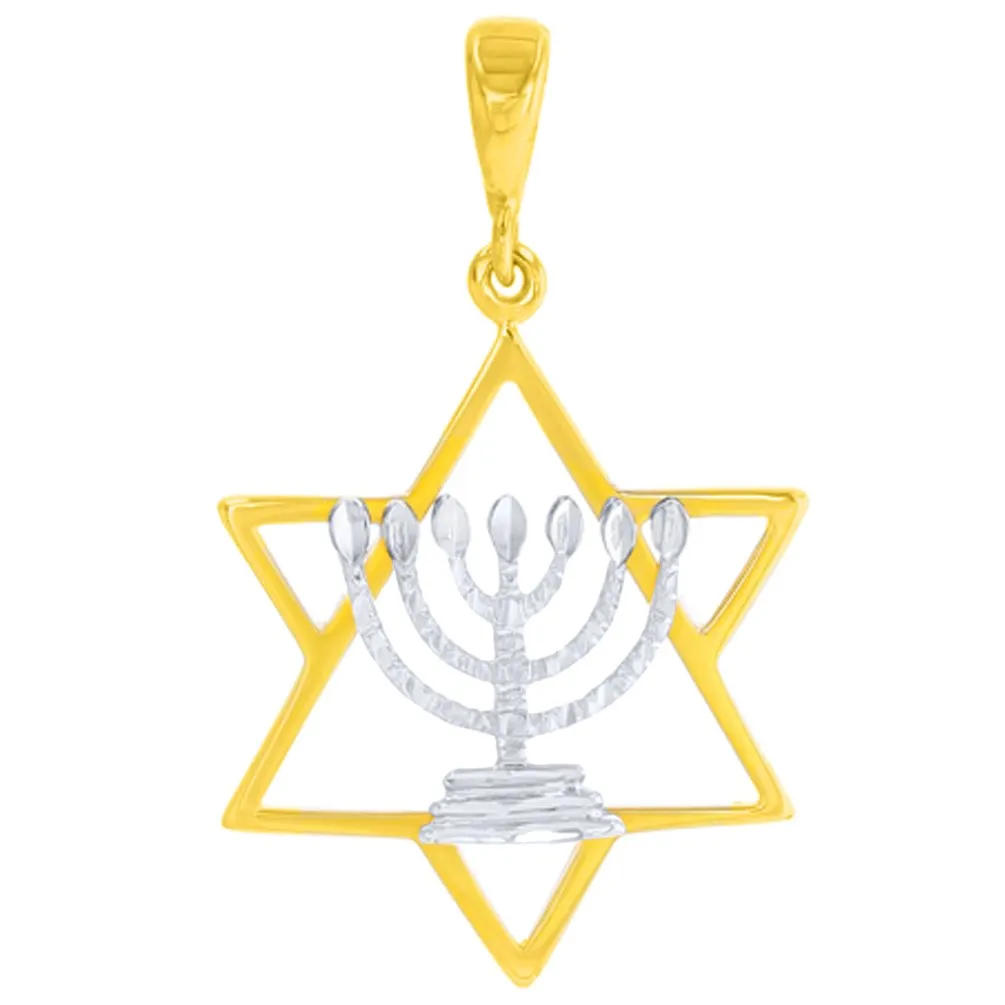 14K Two-Tone Gold Jewish Star of David with Textured Menorah Pendant Necklace