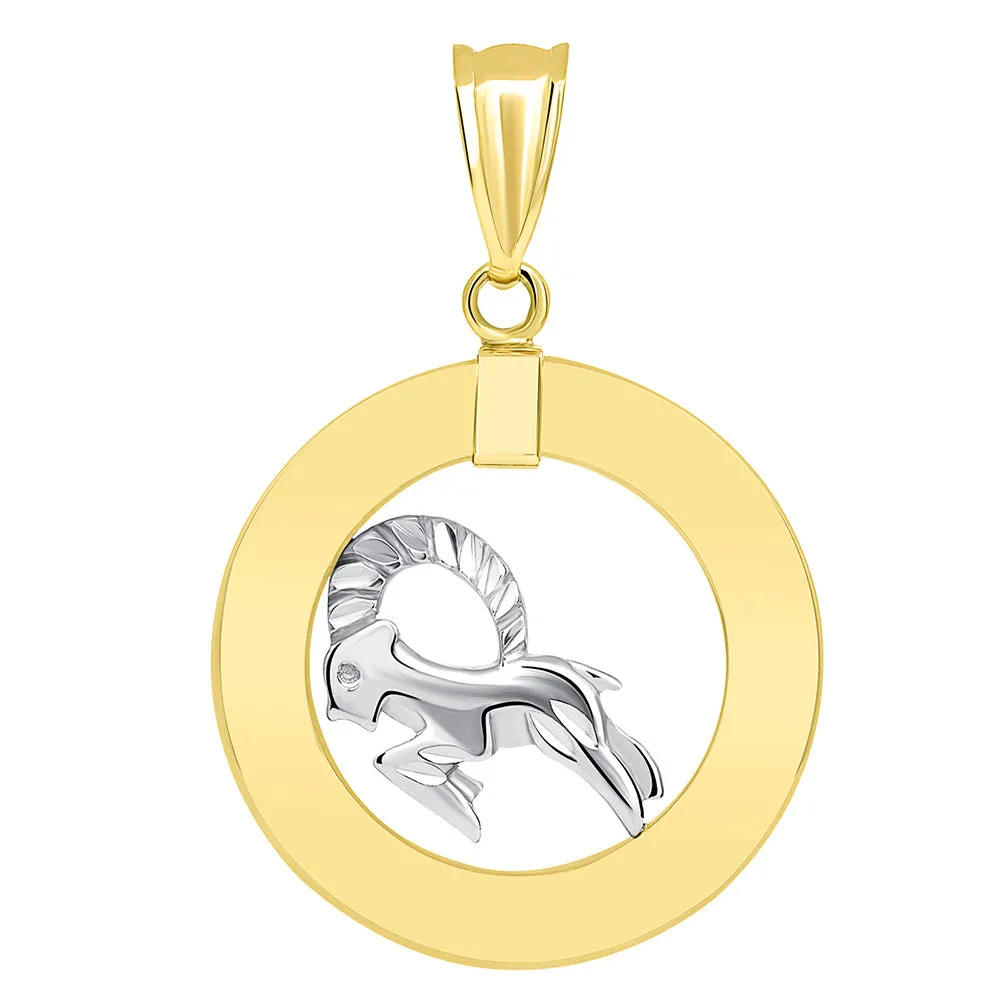 14k Two Tone Gold Open Circle Capricorn Zodiac Sign Pendant Necklace