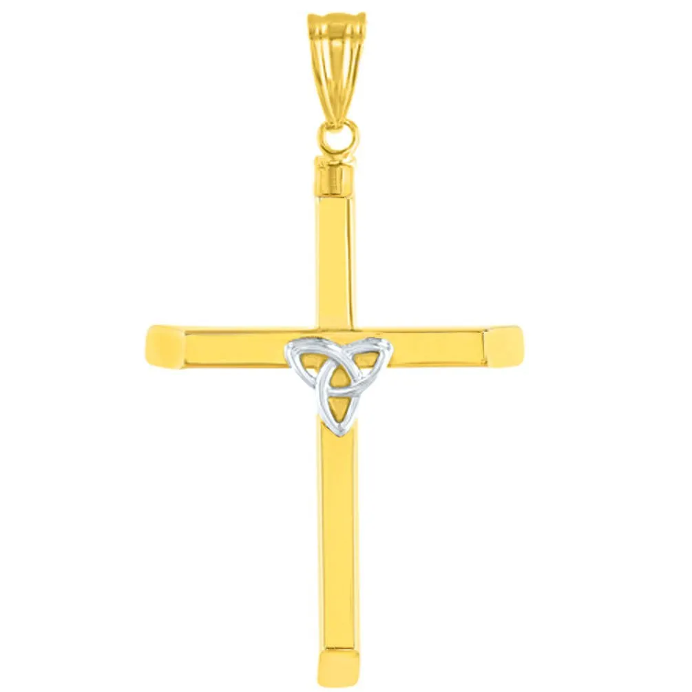 14K Two Tone Gold Plain Celtic Trinity Cross with Triquetra Symbol Pendant Cuban Concave Chain Necklace