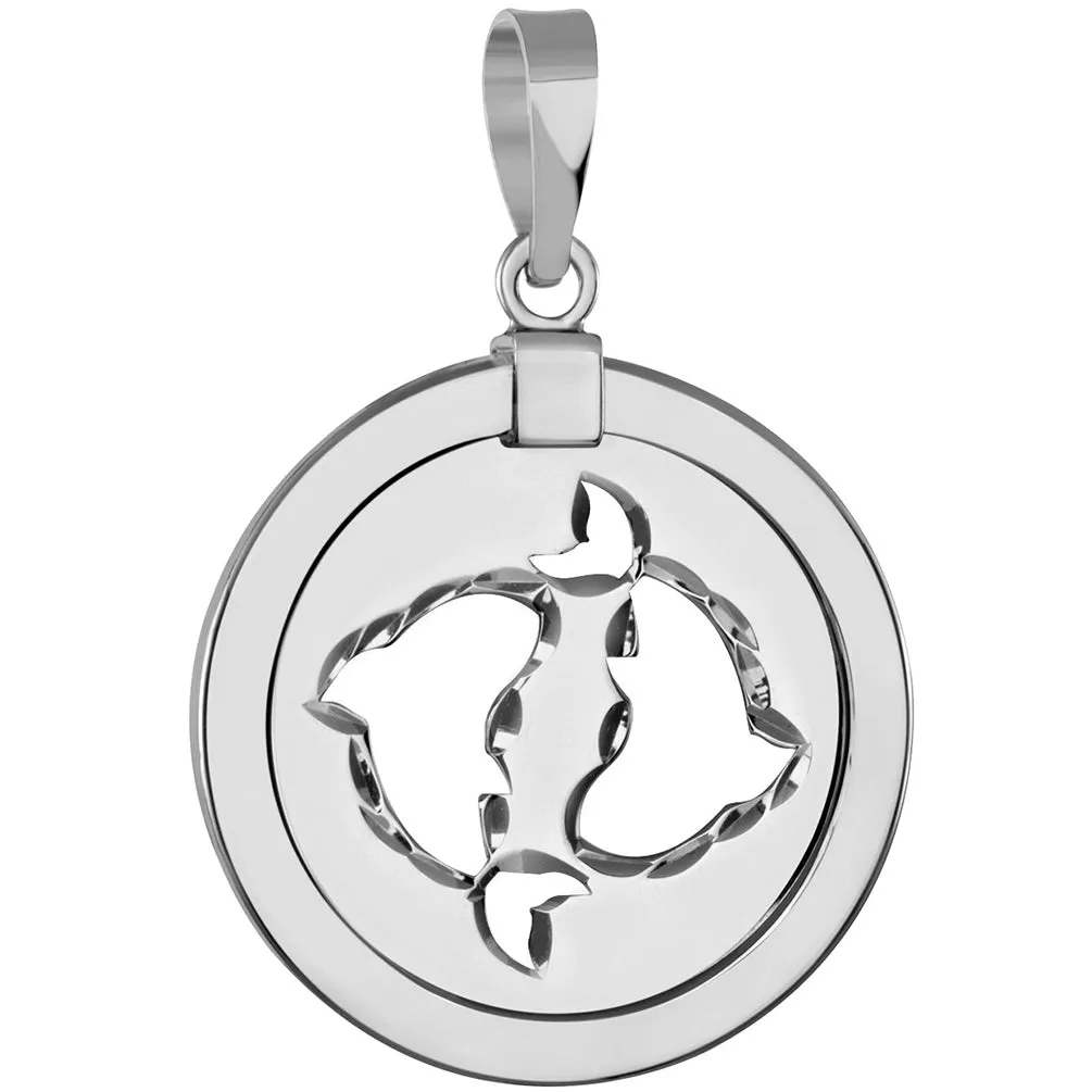 14k White Gold Round Pisces Zodiac Sign Fish Animal Medallion Pendant (Reversible)