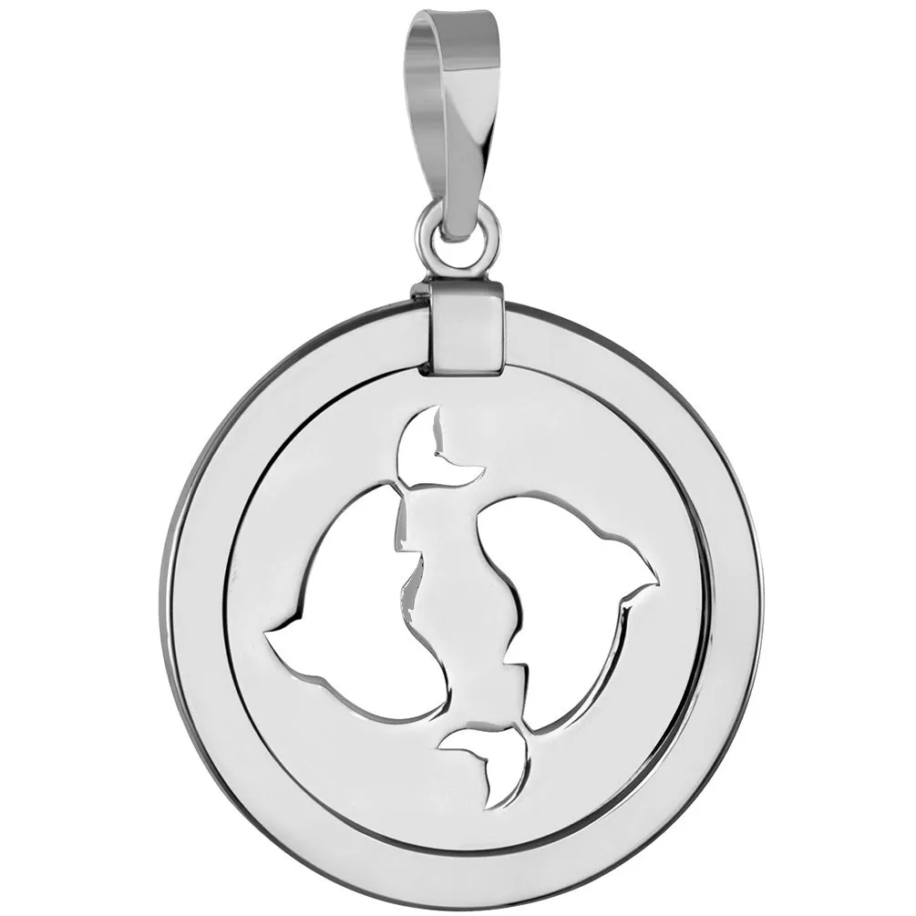 14k White Gold Round Pisces Zodiac Sign Fish Animal Medallion Pendant (Reversible)