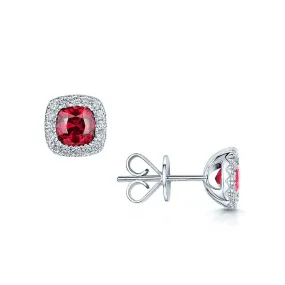 18ct White Gold Cushion Shape Ruby & Diamond Stud Earrings
