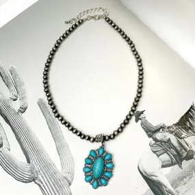 6mm Faux Navajo Pearl Silver Tone Necklace with Oval Faux Stone Cluster in Turquoise