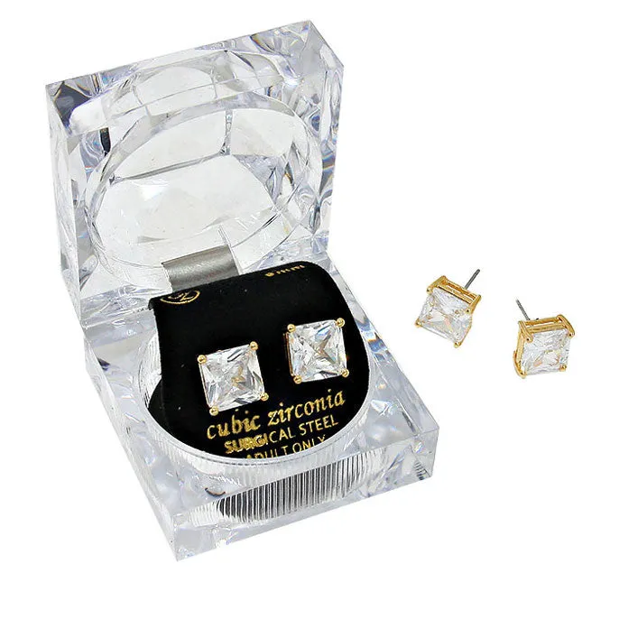 9mm Square Cut Crystal Cubic Zirconia CZ Earrings Clear Box