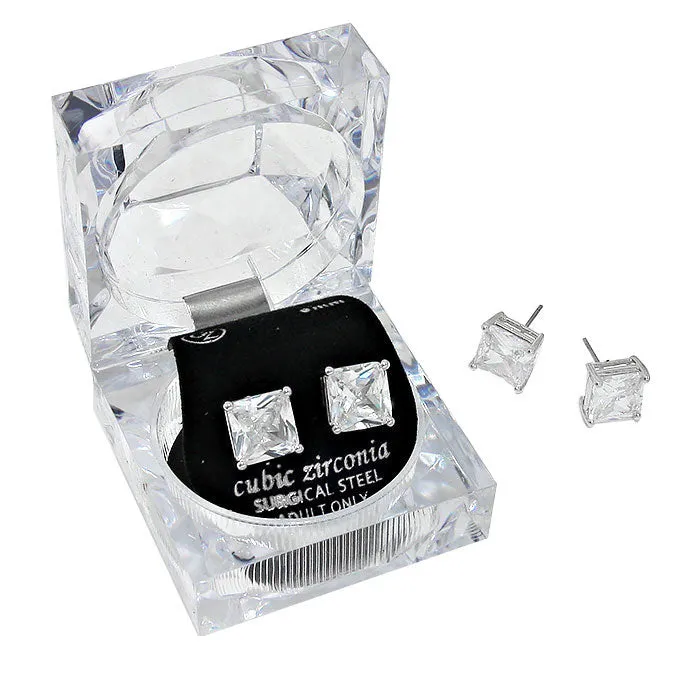 9mm Square Cut Crystal Cubic Zirconia CZ Earrings Clear Box