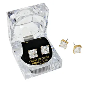 9mm Square Cut Crystal Cubic Zirconia CZ Earrings Clear Box
