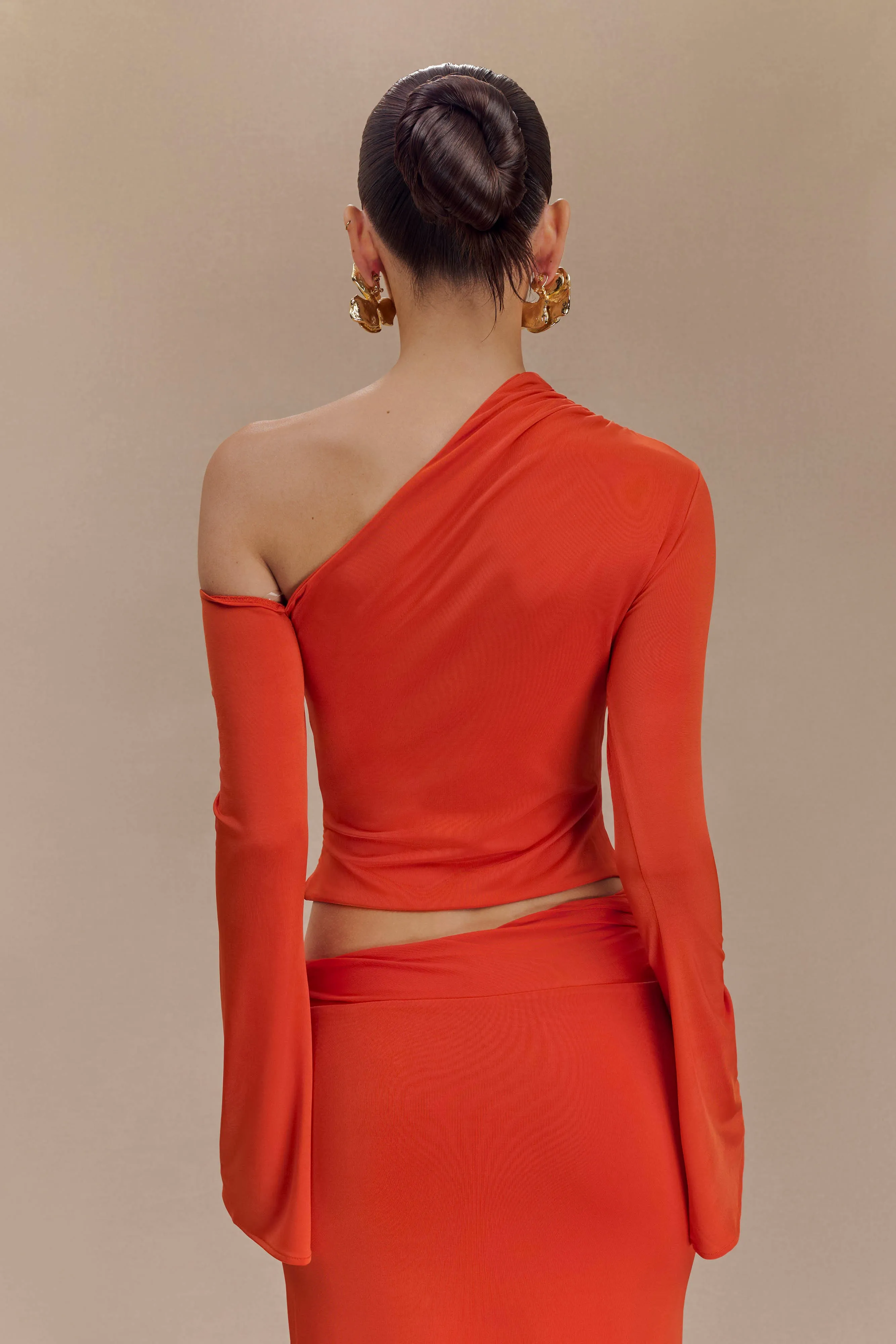Ainsley Burnt Orange Asymmetrical Long Sleeve Top with Floral Detailing