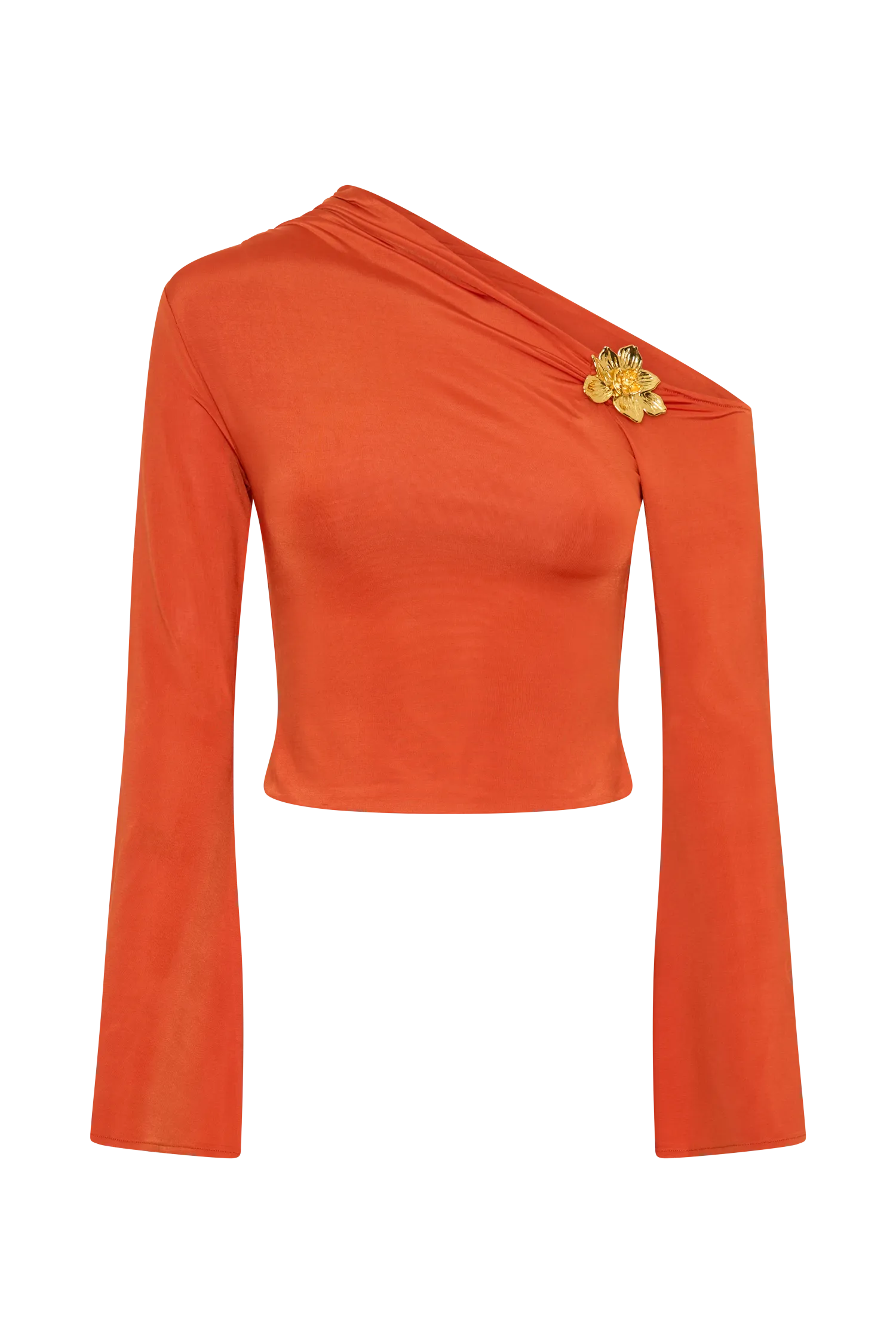 Ainsley Burnt Orange Asymmetrical Long Sleeve Top with Floral Detailing