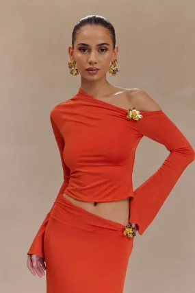 Ainsley Burnt Orange Asymmetrical Long Sleeve Top with Floral Detailing
