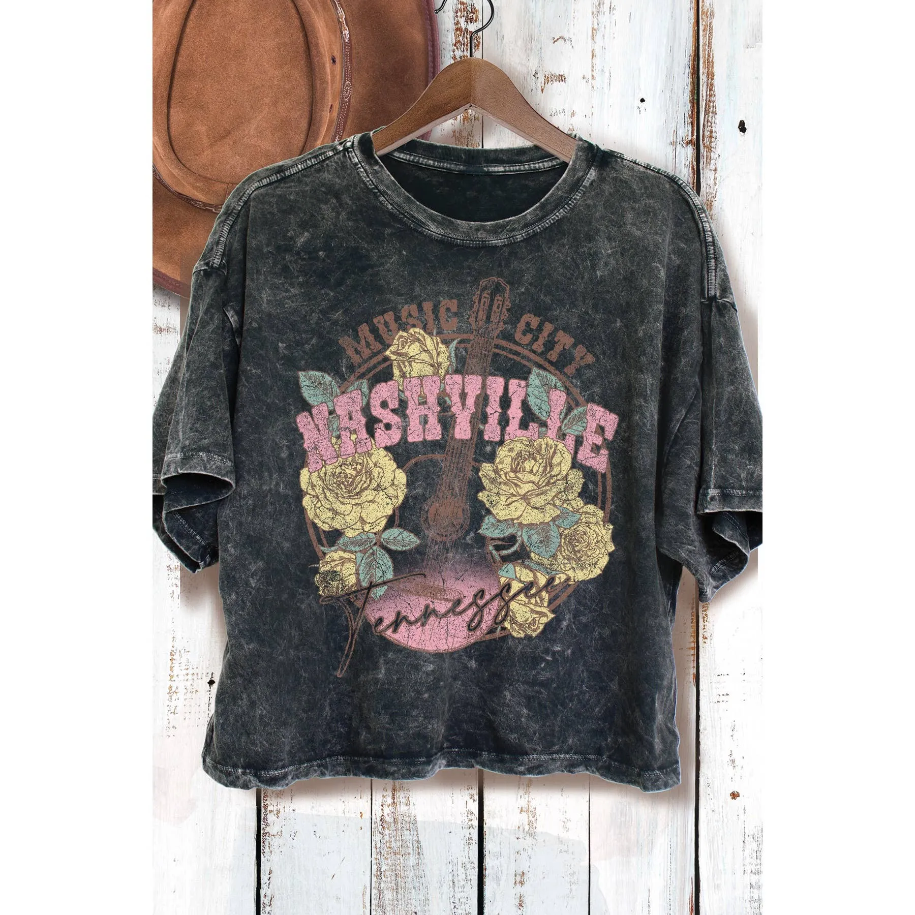 Amused By Blue Nashville Tennessee Cropped Tee in Mineral Wash Black MBJ5140