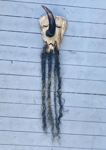 Antique Hand Made Tribal Horn Wood Carved Ceremonial Mask Rare