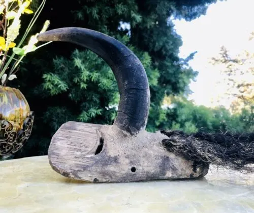 Antique Hand Made Tribal Horn Wood Carved Ceremonial Mask Rare