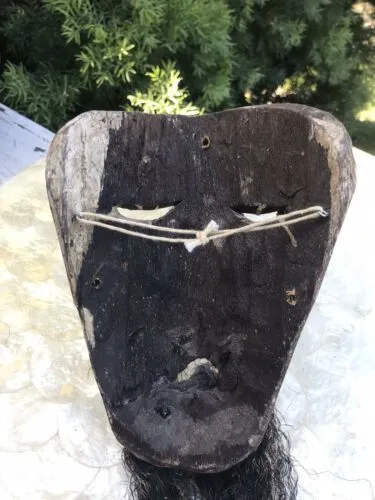 Antique Hand Made Tribal Horn Wood Carved Ceremonial Mask Rare