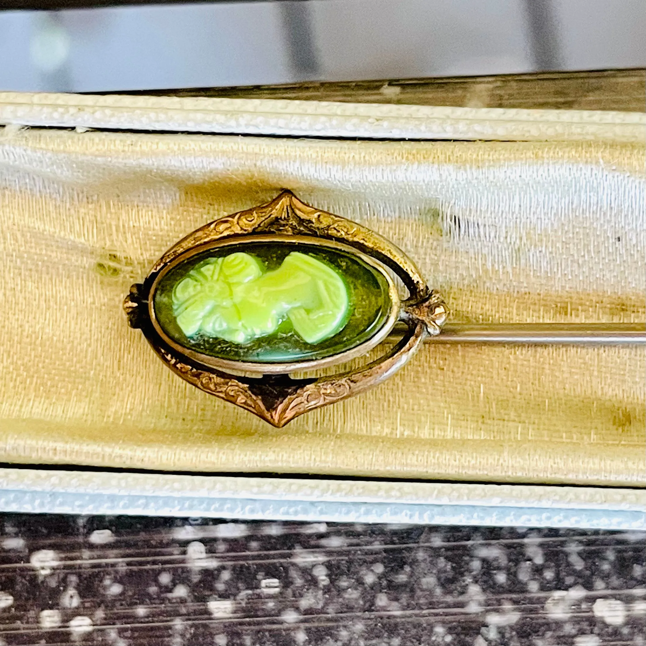 Antique Victorian Carved Cameo Lady Gold Filled Stickpin Woman Stick Pin w Box