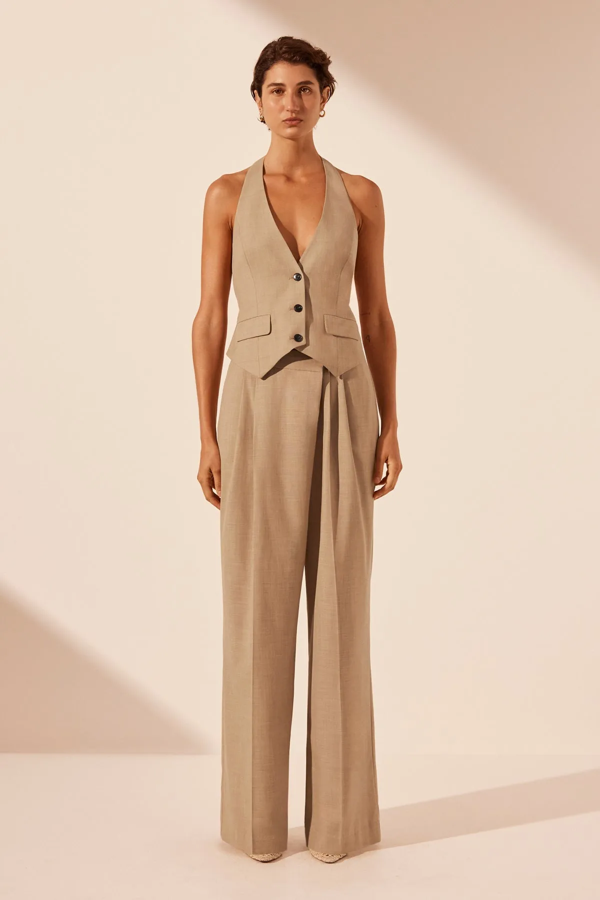 ASHER ASYMMETRICAL PLEAT FRONT PANT - LATTE