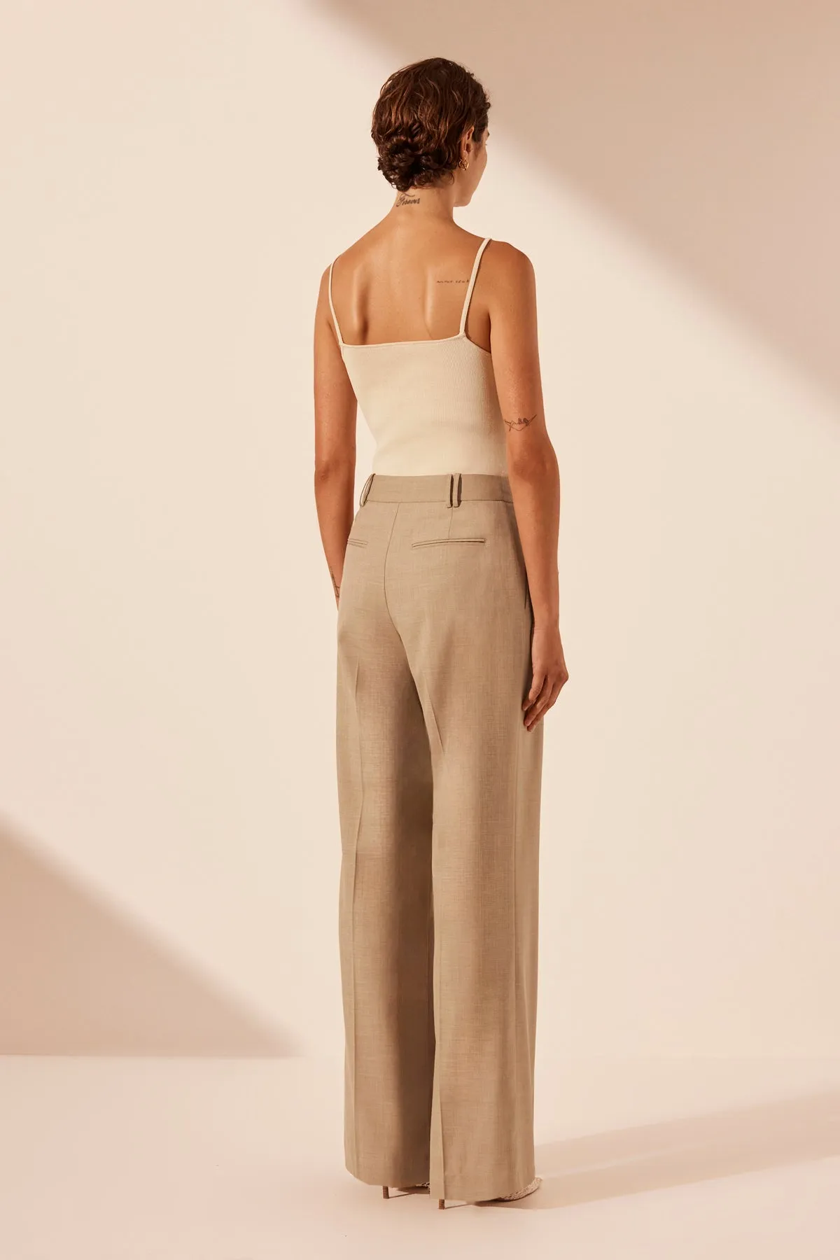 ASHER ASYMMETRICAL PLEAT FRONT PANT - LATTE