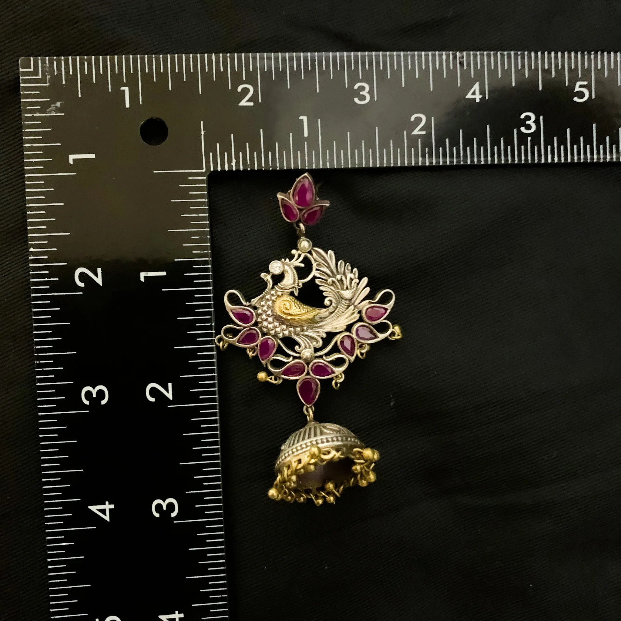 Beautiful Long Two tone Peacock design Ruby red Oxidized Silver Earring with jhumka