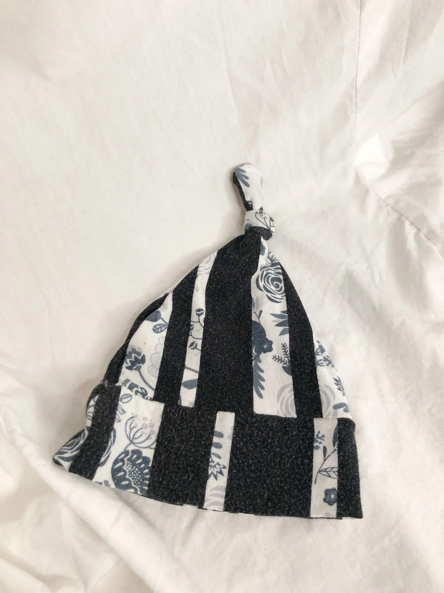Black & Blue Floral Stripe Upcycled Knot Baby Hat