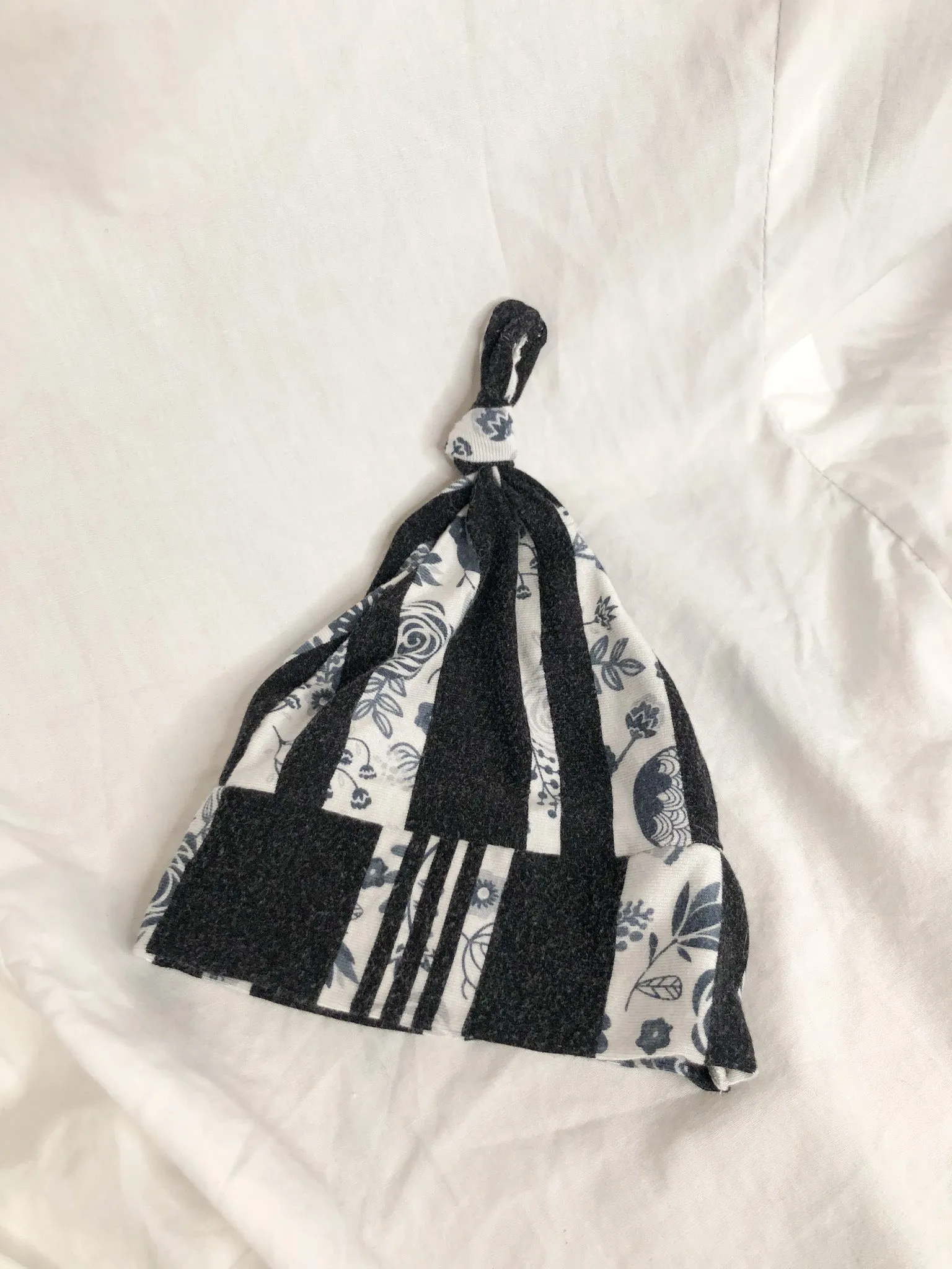 Black & Blue Floral Stripe Upcycled Knot Baby Hat