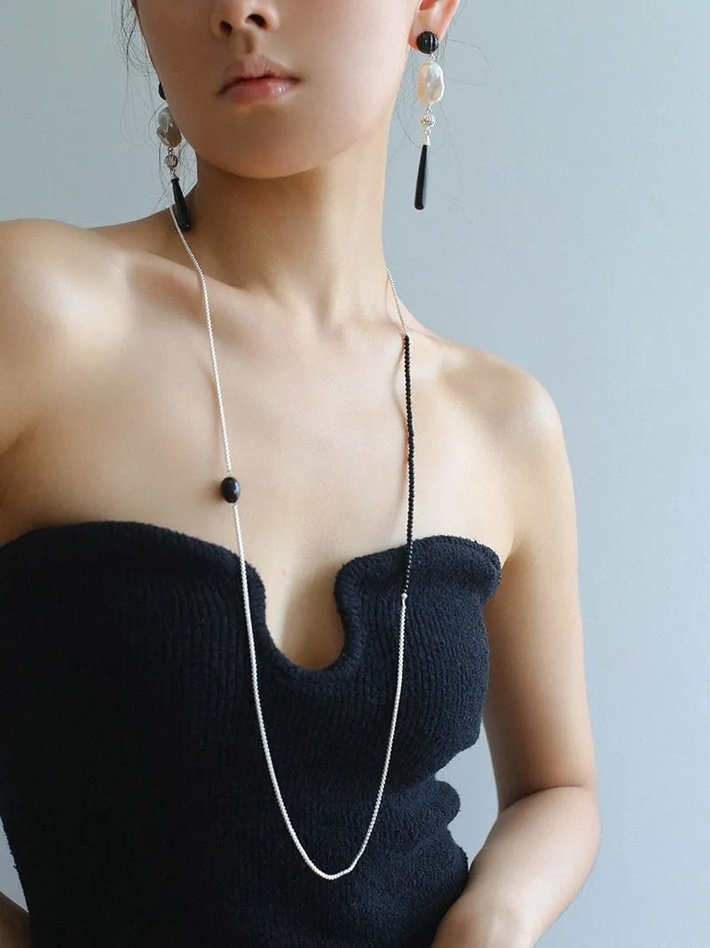 Black Onyx Splicing Chain Long Layering Necklace