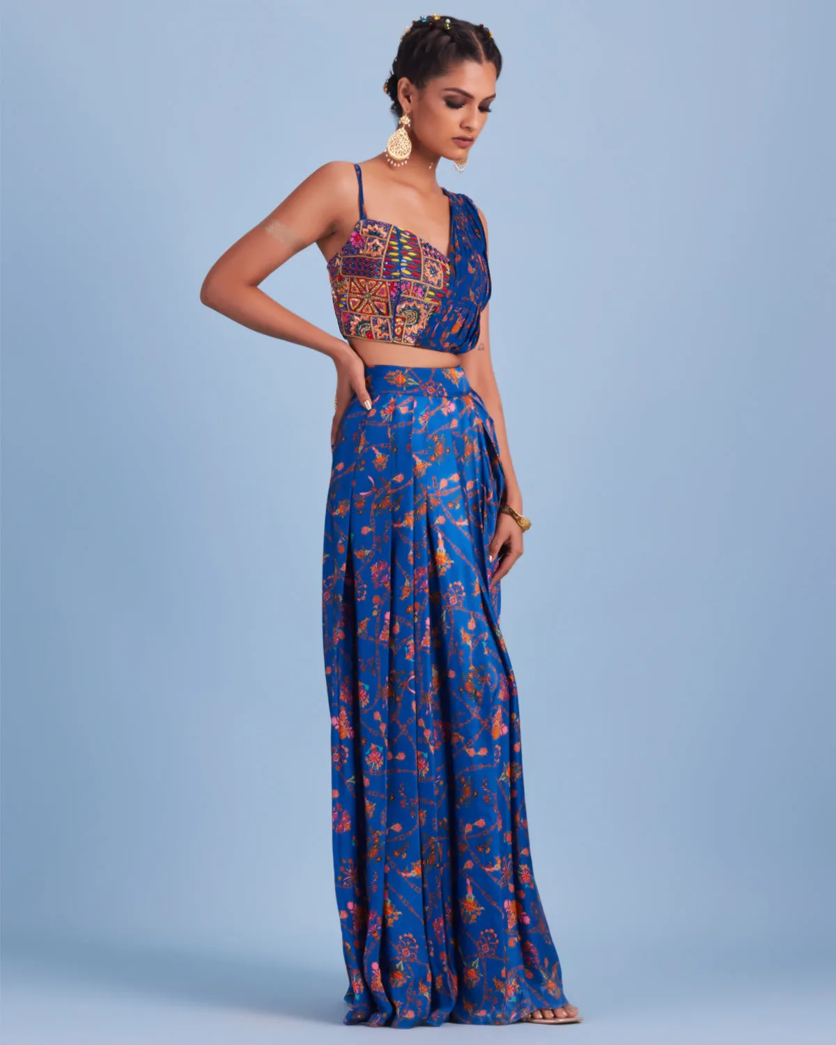 Blue Bale Printed Asymmetrical Skirt Set