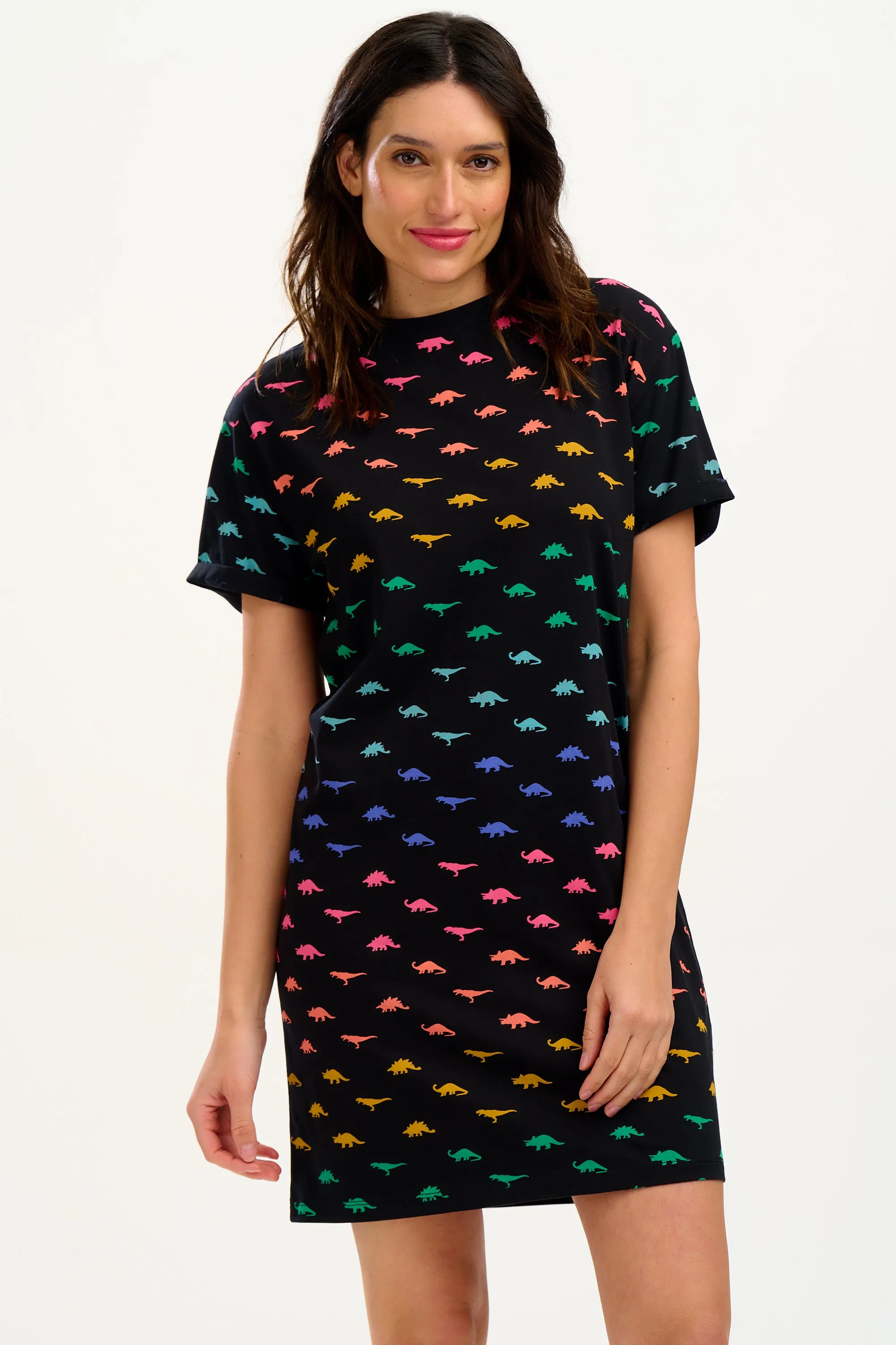 Brandie T-shirt Dress - Black, Jurassic Jive Rainbow