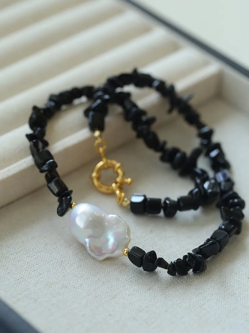 Brilliant Black Onyx Crushed Stone Baroque Pearl Necklace