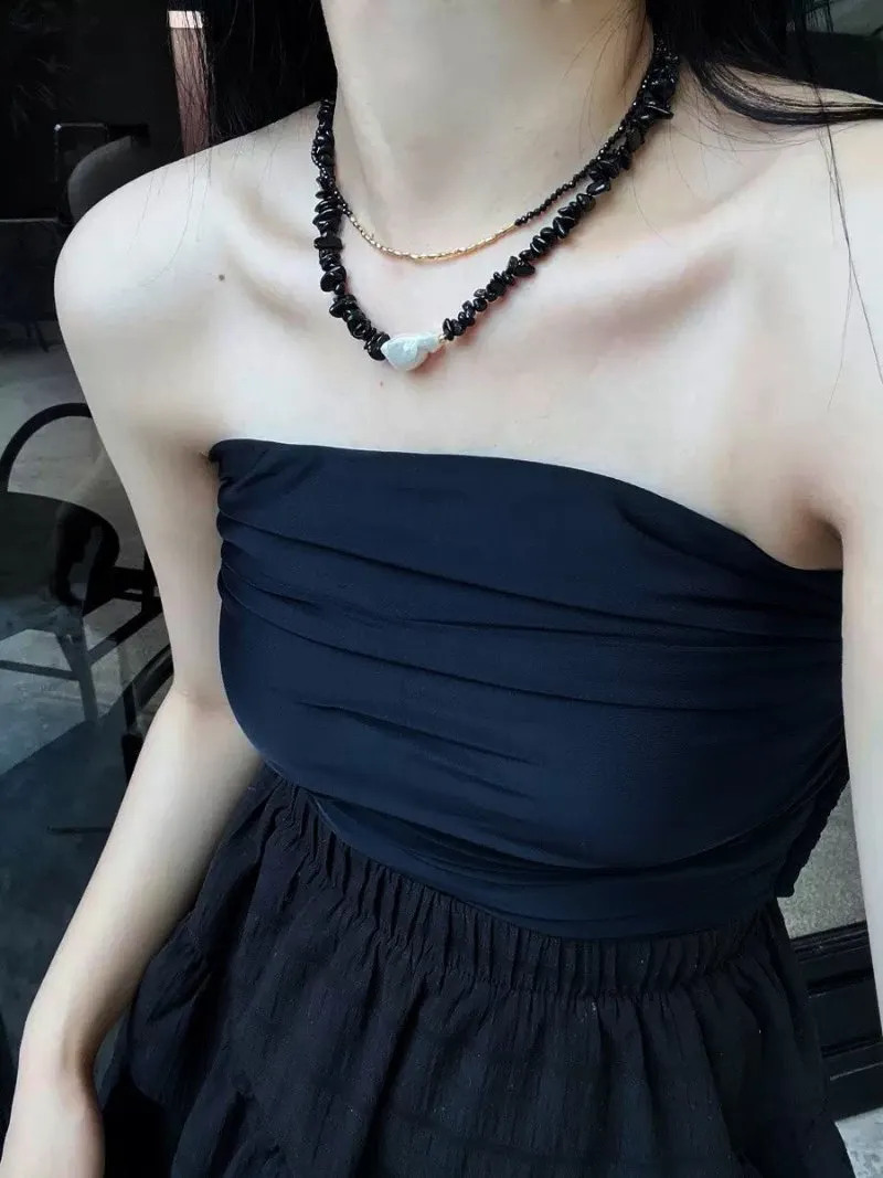 Brilliant Black Onyx Crushed Stone Baroque Pearl Necklace