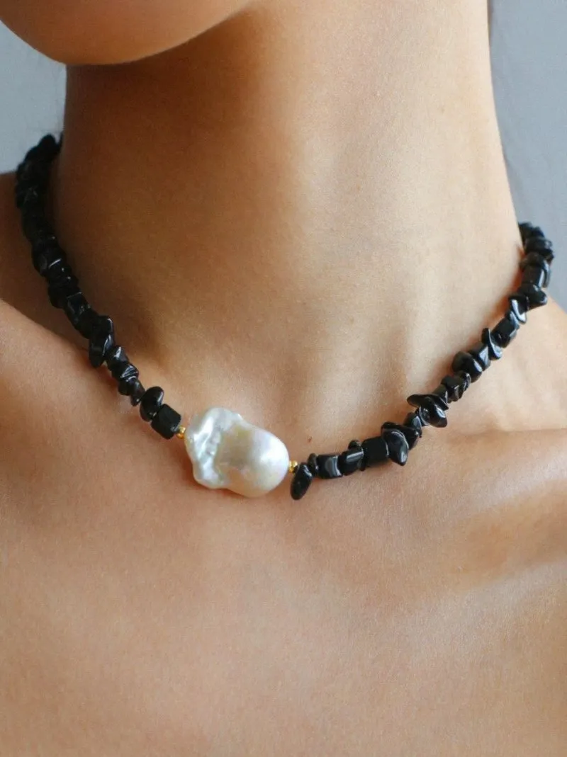 Brilliant Black Onyx Crushed Stone Baroque Pearl Necklace