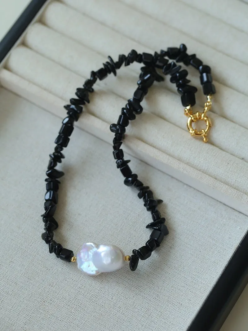 Brilliant Black Onyx Crushed Stone Baroque Pearl Necklace