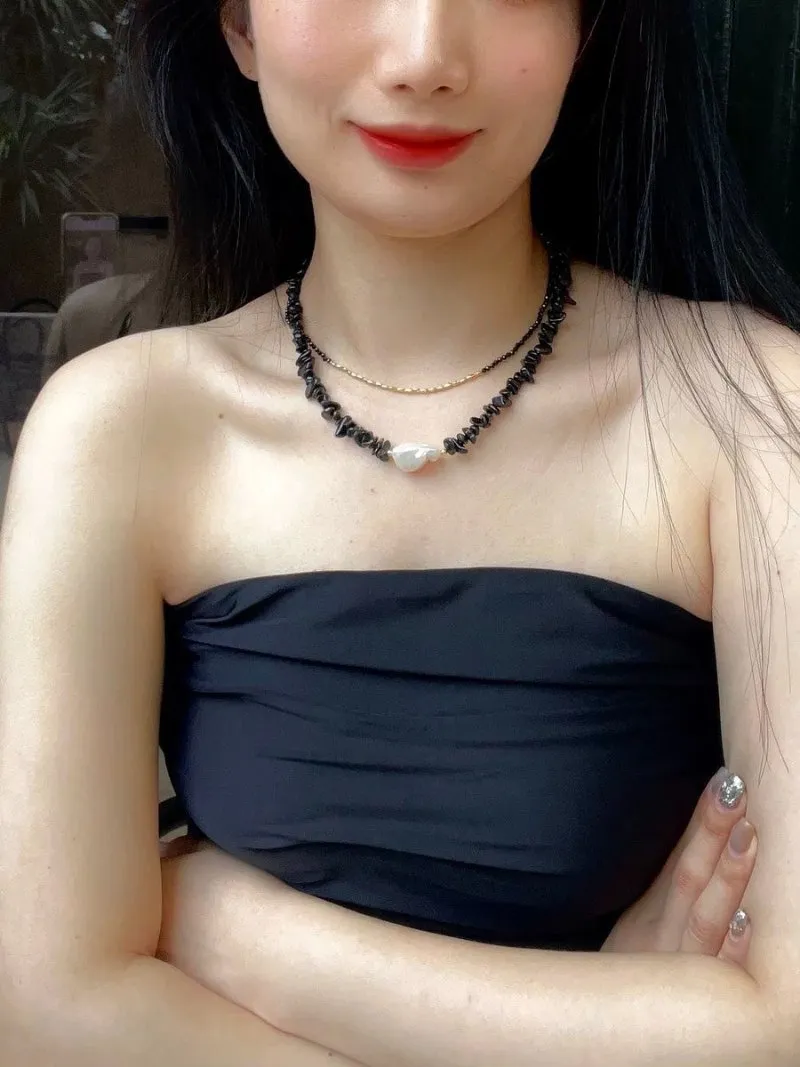 Brilliant Black Onyx Crushed Stone Baroque Pearl Necklace