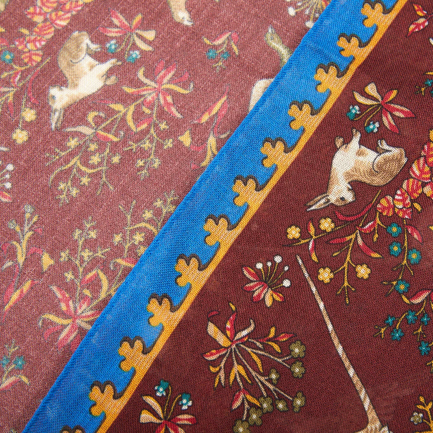 Burgundy Blue Wool Silk Unicorn Print Scarf