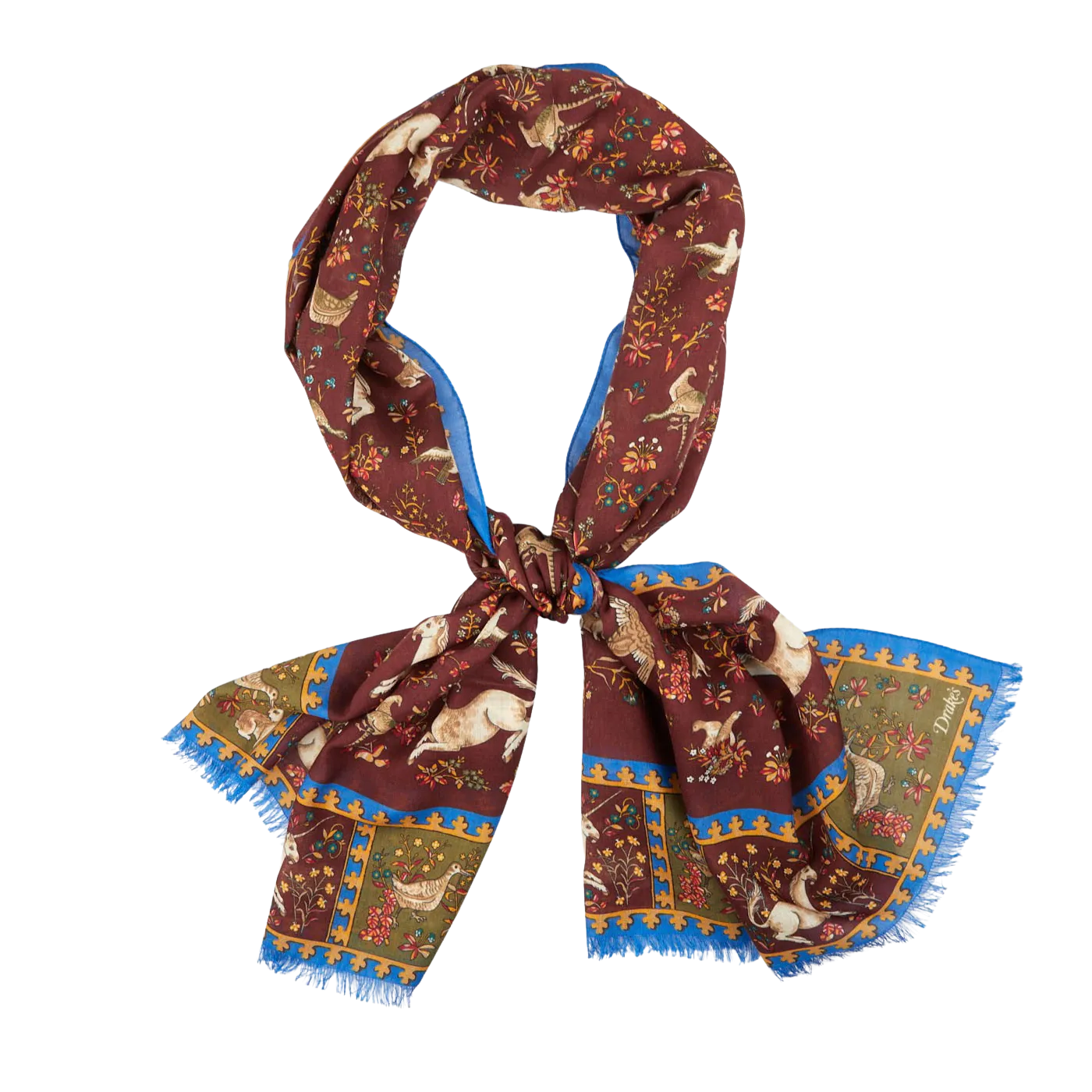 Burgundy Blue Wool Silk Unicorn Print Scarf