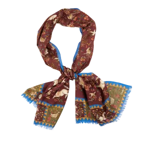 Burgundy Blue Wool Silk Unicorn Print Scarf