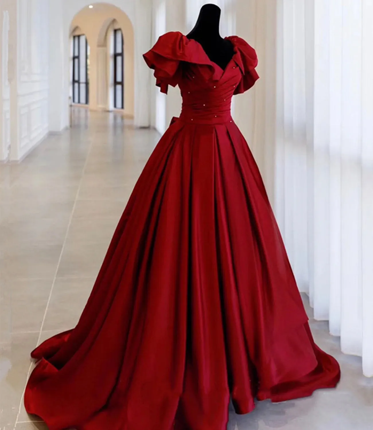 Burgundy satin long A line prom dress evening dress KS5901