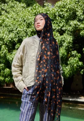 Cherry Patterned Rami Scarf Navy Blue