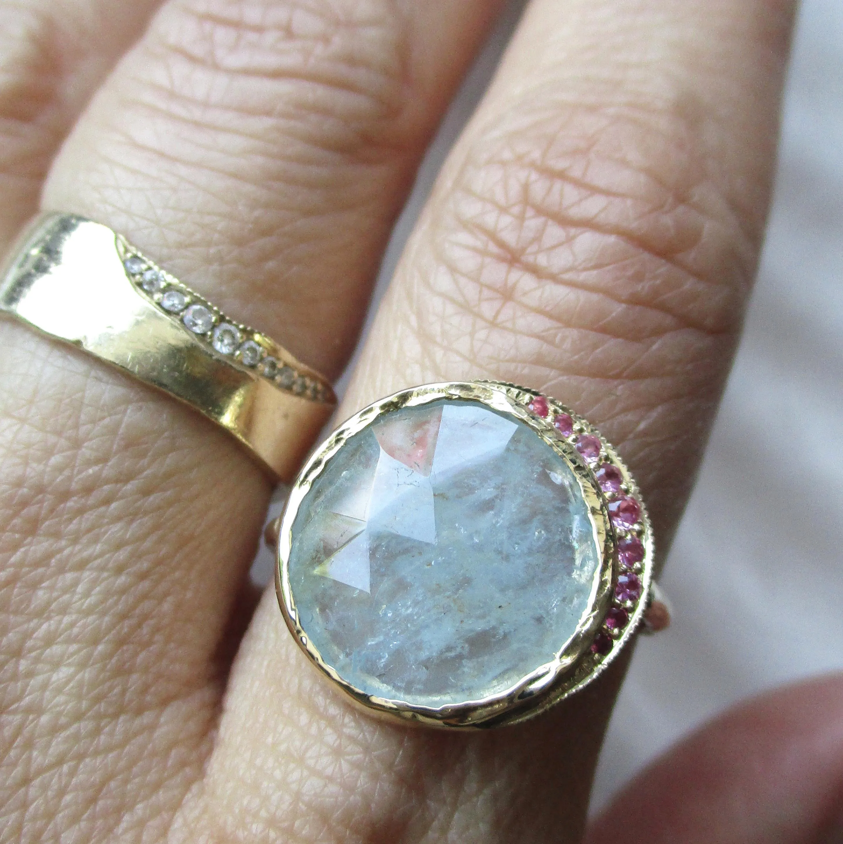 Crescent Aquamarine Pink Sapphire Ring