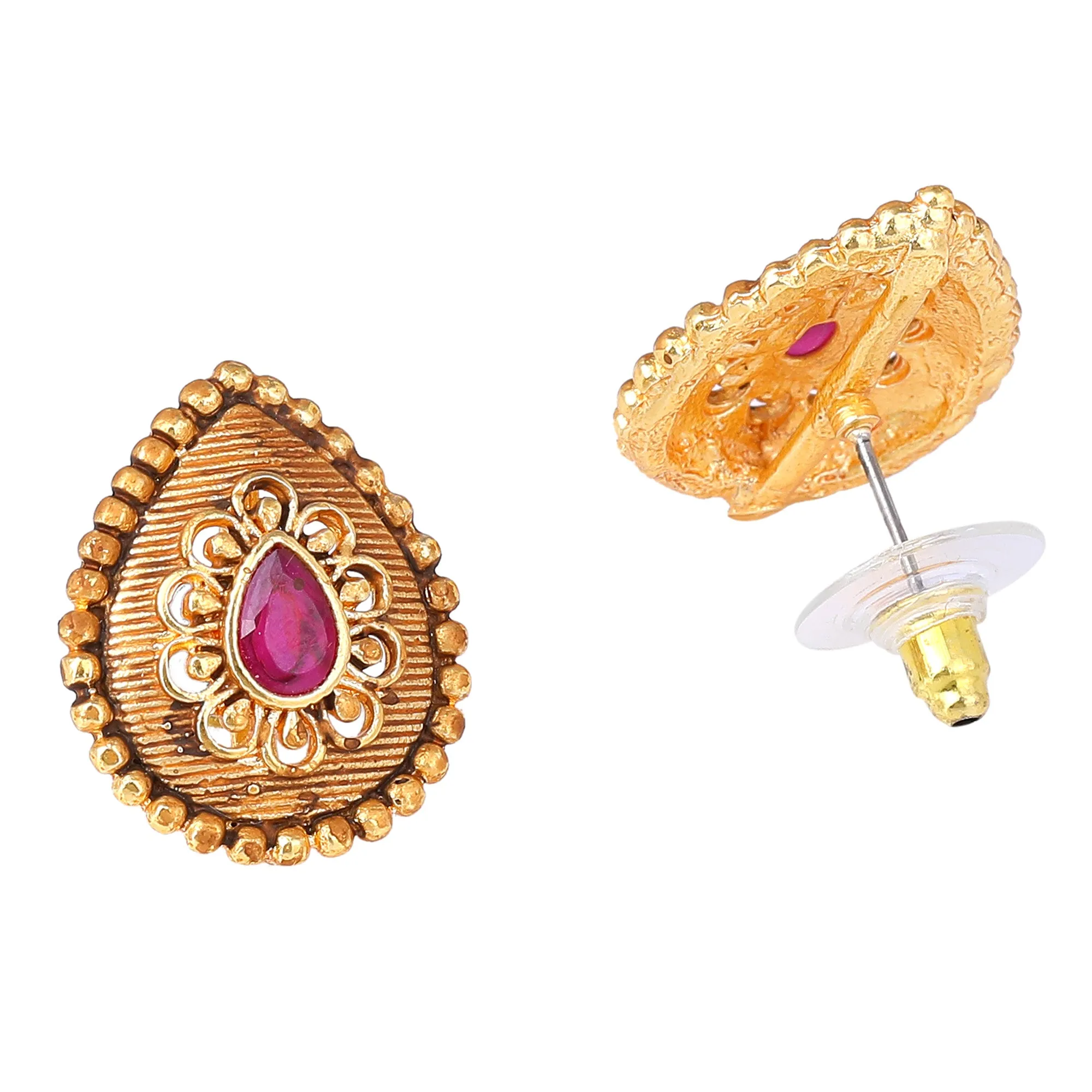 Estele Gold Plated Drop Designer Matt Finish Stud Earrings with Ruby Crystals for Women